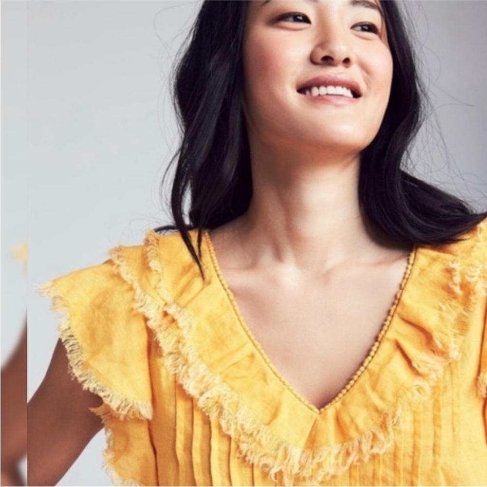 FAHERTY Yosepha Linen Fringe top in Marigold Yellow ruffled 3212 - Picture 3 of 9